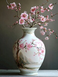 中式瓷瓶插盛放粉色花枝