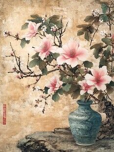 中式花瓶插粉花雅致图景