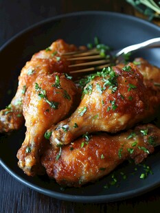 香嫩烤鸡腿摆于黑盘之上