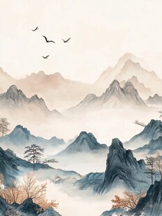水墨山川飞鸟图