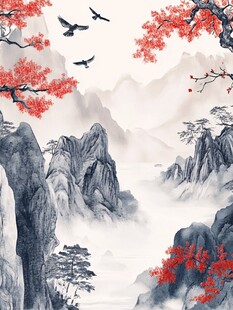 水墨山水间飞鸟映红枫