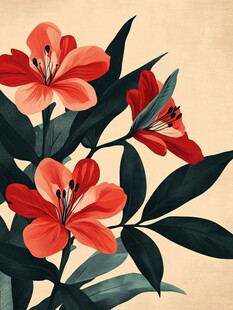 鲜艳红花配墨绿叶片