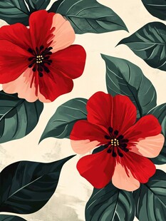 红粉花朵与绿叶图案