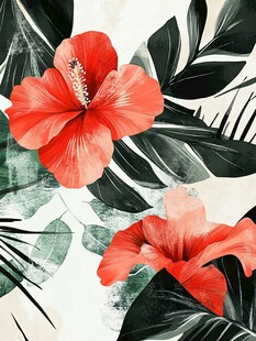 红色扶桑花与绿叶插画