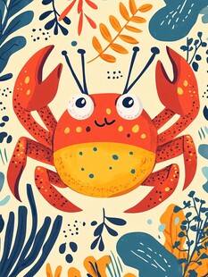可爱螃蟹的植物环绕插画