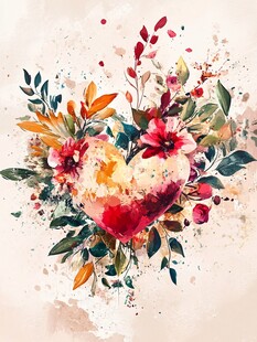 心形花卉水彩画艺术作品