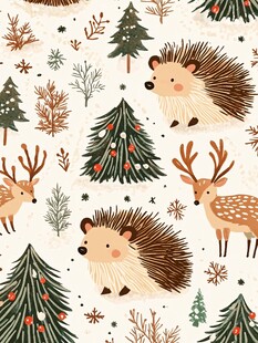 冬日森林动物与圣诞树图案