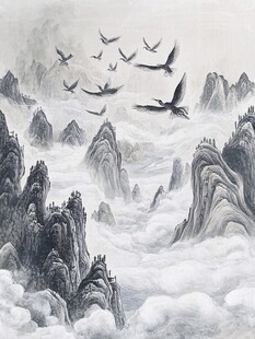 飞鸟翔于云雾山峦间