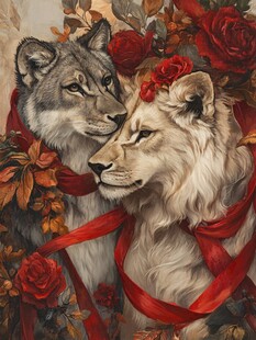 狼狮依偎共赏烂漫繁花