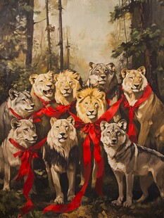 狮狼齐聚系红绸的森林图景