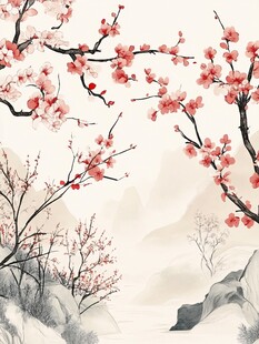 红梅映山水中式诗意画