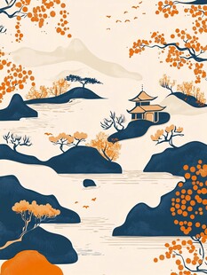 中式山水秋景古风插画