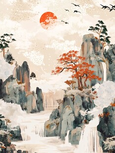 秋日山水红日飞鸟图
