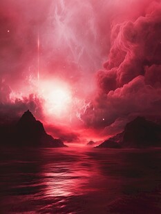 梦幻绯红云海山水景象