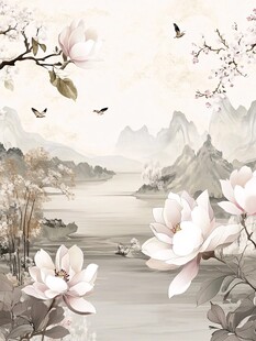 玉兰湖畔飞鸟山水图