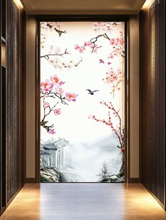 中式玄关桃花飞鸟艺术壁画