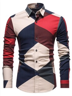 拼色几何图案男士长袖衬衫