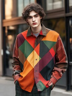 潮流男士多彩几何拼接衬衫