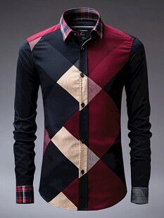 男士拼色几何图案长袖衬衫