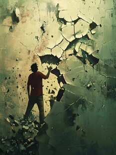 男子奋力打破破裂墙面