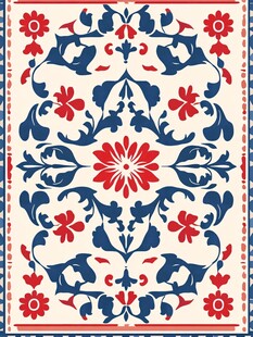 中式红蓝花卉对称图案