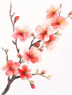 水彩绘娇艳盛开的桃花枝