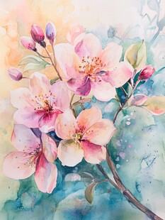 水彩绘就的烂漫粉色花朵