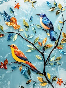 蓝底花鸟立体装饰画
