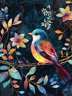 彩鸟栖枝间的梦幻花卉图景