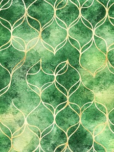 绿色水彩底纹金色曲线图案