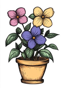 盆栽三色花插画