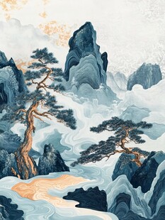 水墨山水间的苍松景致