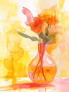 水彩绘花瓶中的艳丽花朵