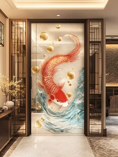中式玄关处的锦鲤艺术墙画