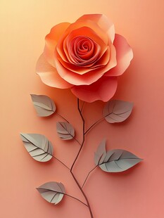 立体折纸橙玫瑰与叶片