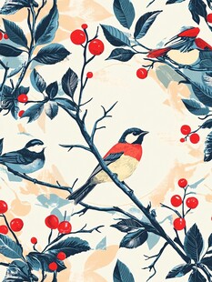 花鸟绘景 枝头雀与红果