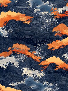 日式海浪与橙树图案纹理