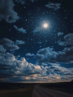 月夜星空下的静谧乡间路