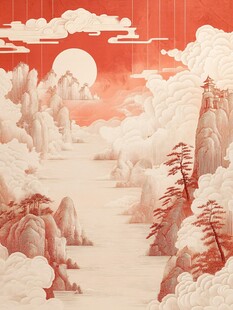 红日云海间的壮丽山水图