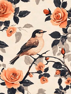 花鸟绘景 玫瑰与栖息小鸟