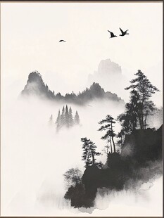 水墨山水间飞鸟伴松景