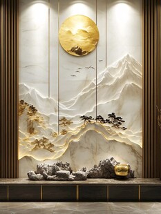 中式山水金月背景墙艺术