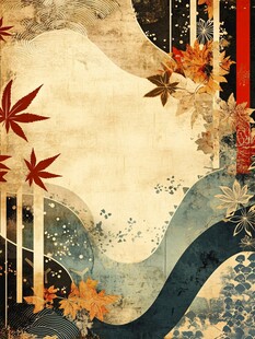 日式枫叶海浪复古风背景