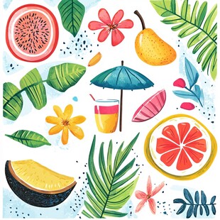 夏日缤纷水果花卉插画
