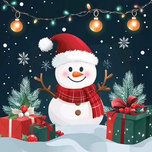 可爱雪人伴圣诞礼物与彩灯