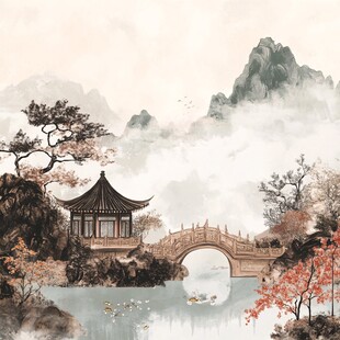 水墨山水间的古韵亭桥景