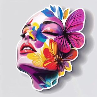 梦幻花卉蝴蝶女性头像贴纸