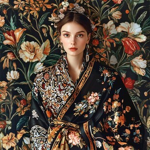 身着华服的古典花卉美人