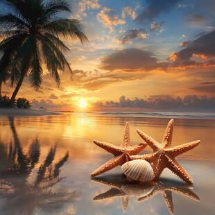 夕阳下的海滩海星贝壳美景