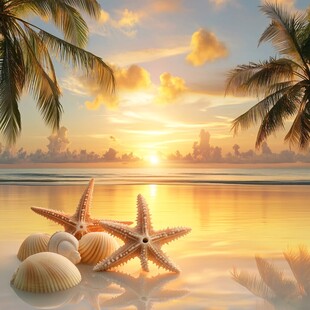 海边日落 海星与贝壳的美景